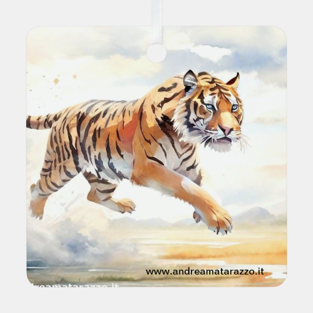 Tiger in Action Metal Tree Decoration (Front)