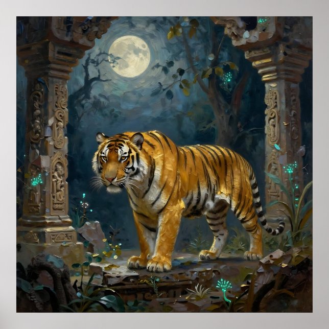 Tiger in Ancient Dunes under the Full Moon Poster (Front)