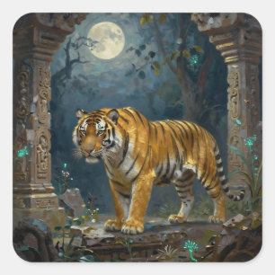 Tiger in Ancient Dunes under the Full Moon Square Sticker