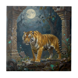Tiger in Ancient Dunes under the Full Moon Tile