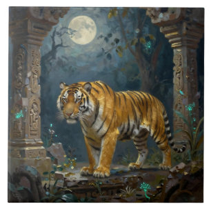 Tiger in Ancient Dunes under the Full Moon Tile