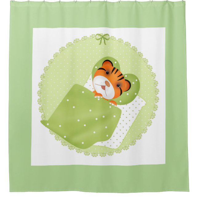 Tiger in bed illustration kids childish print shower curtain (Front)