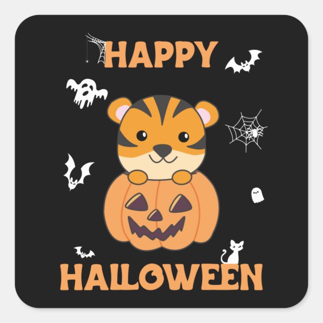 Tiger In Pumpkin Sweet Tiger Happy Halloween Squar Square Sticker (Front)