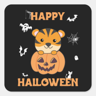 Tiger In Pumpkin Sweet Tiger Happy Halloween Squar Square Sticker