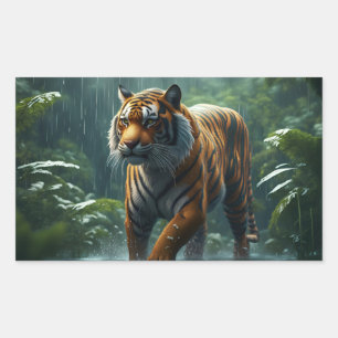 Tiger In Rainy Jungle Rectangular Sticker