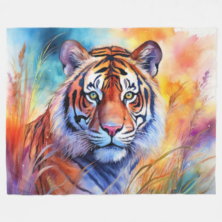Tiger in the Grass in Watercolor Fleece Blanket