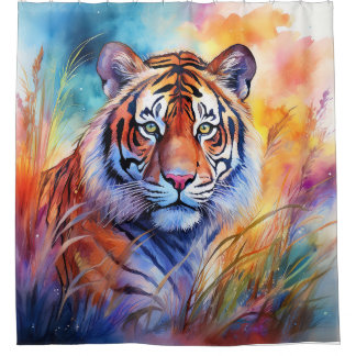 Tiger in the Grass in Watercolor Shower Curtain