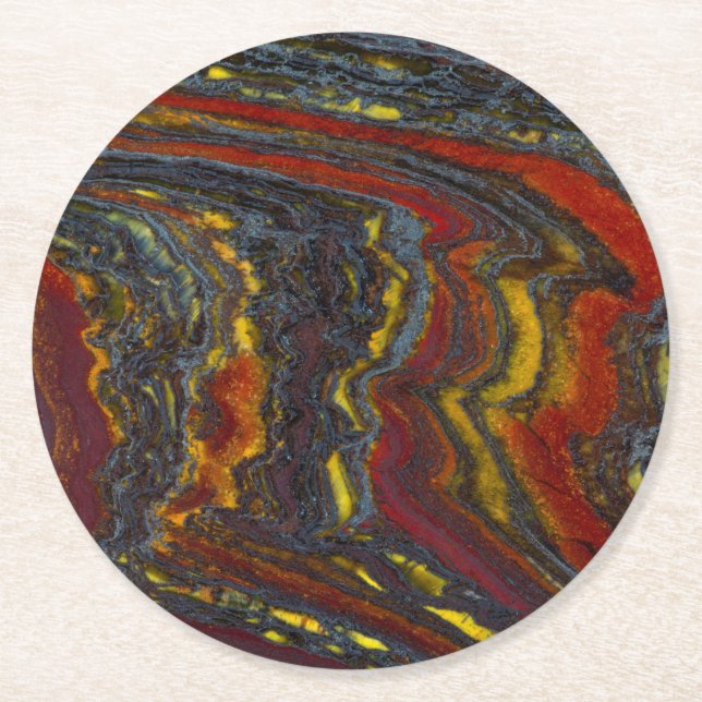 Tiger Iron In Red, Yellow, Blue Round Paper Coaster (Front)