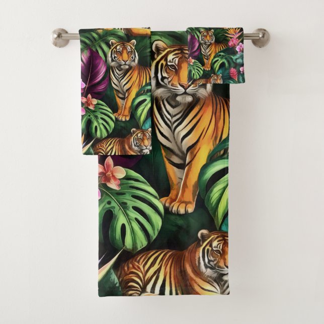 Tiger Jungle Dreams Seamless Surface Pattern Bath Towel Set (Insitu)