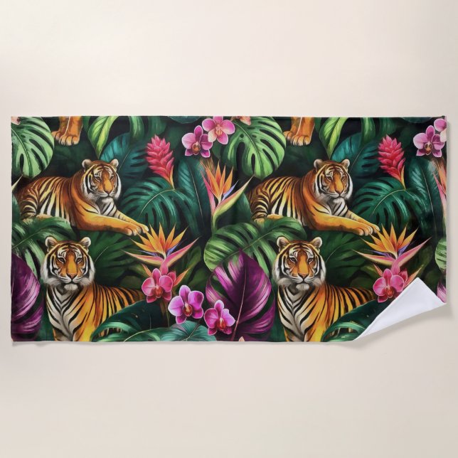 Tiger Jungle Dreams Seamless Surface Pattern Beach Towel (Front)