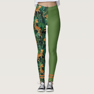 Tiger Jungle Print Colorblock Leggings Olive Green