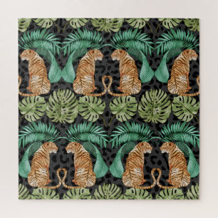 Tiger Leaves: Watercolor Jungle Seamless. Jigsaw Puzzle