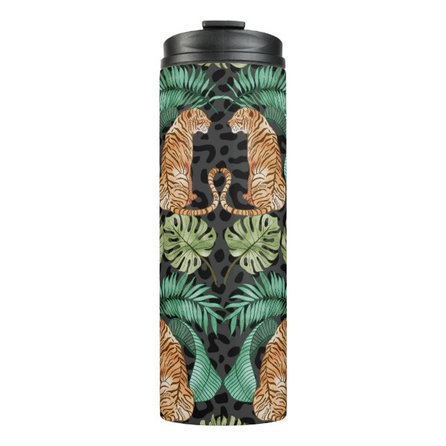 Tiger Leaves: Watercolor Jungle Seamless. Thermal Tumbler (Front)
