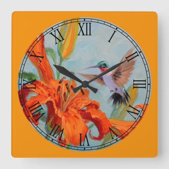 Tiger Lilies & Hummingbird Fine Art Roman Numeral Square Wall Clock (Front)