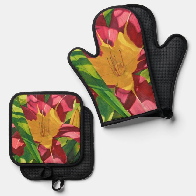 Tiger Lily Floral Oven Mitt & Pot Holder Set (Front/Back)