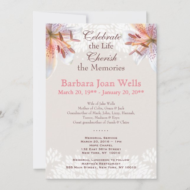 Tiger Lily Memorial Service Funeral Announcement (Front)