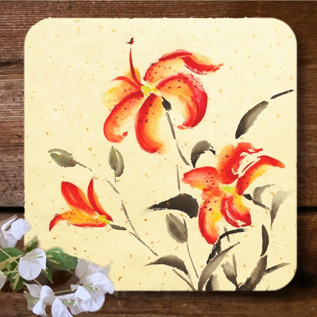 Tiger Lily - red Square Paper Coaster (Creator Uploaded)
