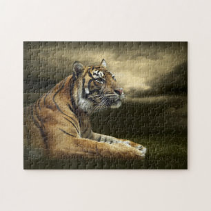 Tiger looking and sitting under dramatic sky jigsaw puzzle