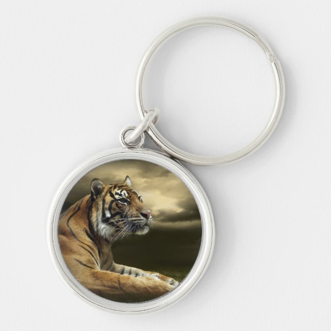 Tiger looking and sitting under dramatic sky key ring (Front)