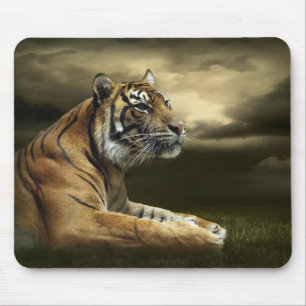 Tiger looking and sitting under dramatic sky mouse pad