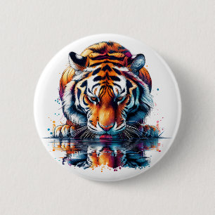 Tiger looking at Reflection in Water 6 Cm Round Badge