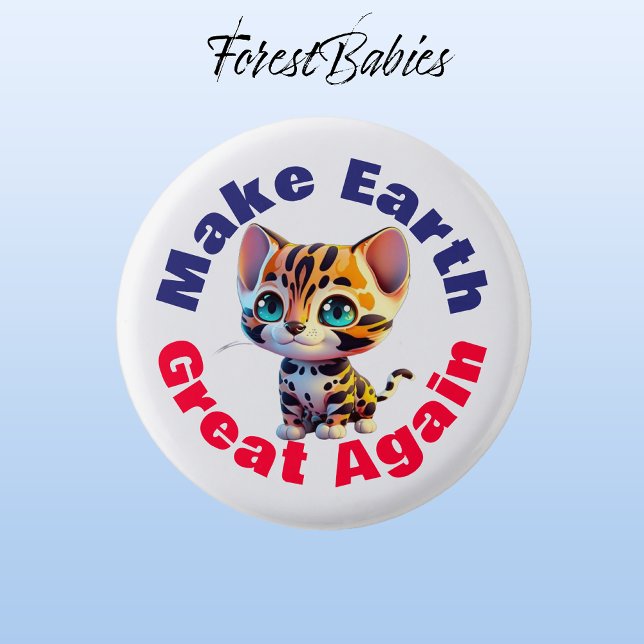 Tiger, Make Earth Great Again, Cute Environmental 3 Cm Round Badge (Tiger 🐯 ForestBabies Button)