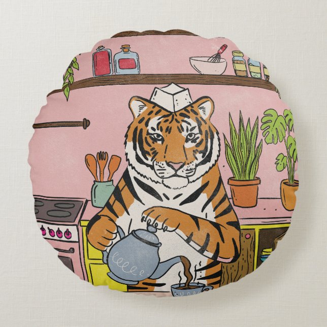 Tiger Making Tea Round Cushion (Front)
