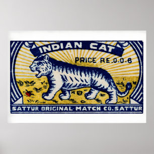 Tiger Matchbox Art Print, Indian Vintage Folk Art Poster
