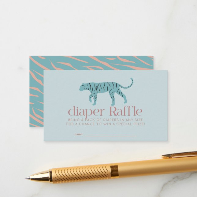 Tiger Modern Blue Baby Shower Diaper Raffle Ticket Enclosure Card (Front/Back In Situ)
