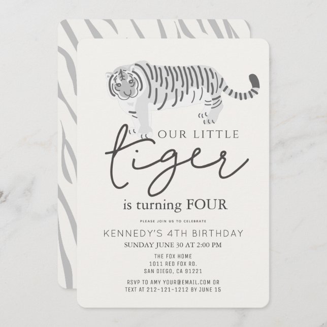 Tiger Modern Cream Kids Birthday Invitation (Front/Back)