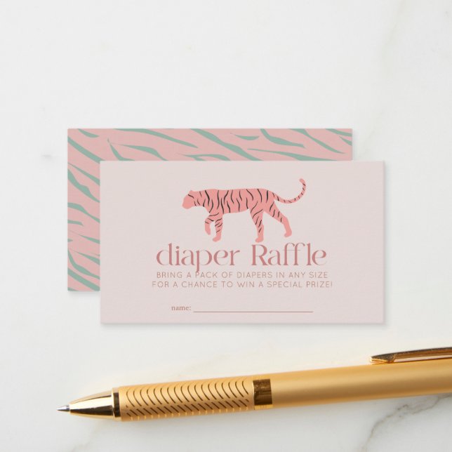 Tiger Modern Pink Baby Shower Diaper Raffle Ticket Enclosure Card (Front/Back In Situ)