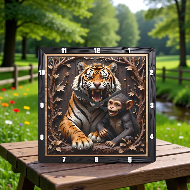 Tiger Monkey Close Up Portrait Square Wall Clock (Creator Uploaded)