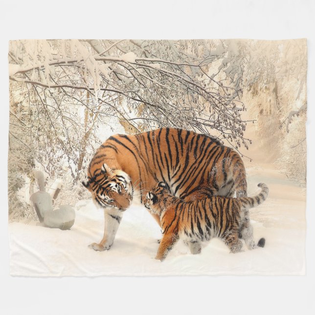 Tiger Mother and Cub Custom Fleece Blanket, Large (Front (Horizontal))