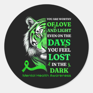 Tiger Motivational Green Ribbon Mental Health Awar Classic Round Sticker