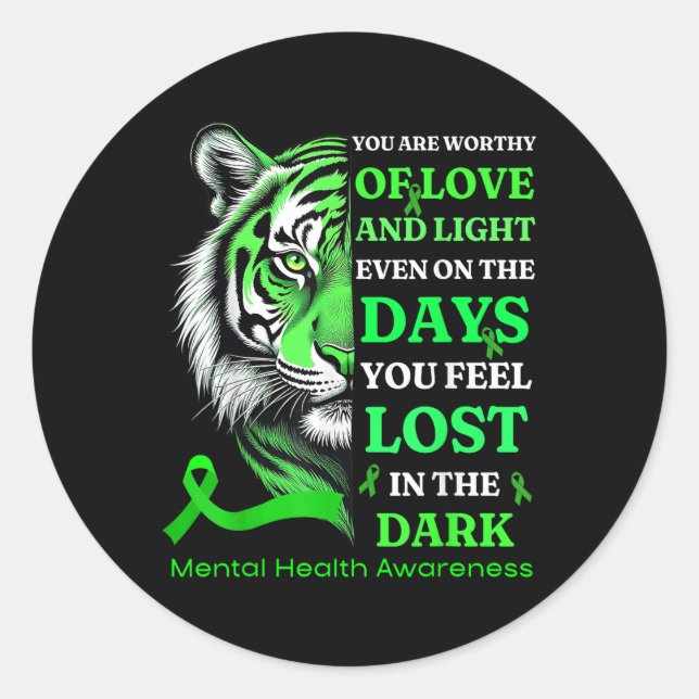 Tiger Motivational Green Ribbon Mental Health Awar Classic Round Sticker (Front)