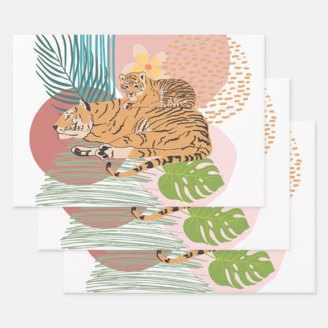 Tiger Mum and Baby In the Jungle Wrapping Paper Sheet (Set)