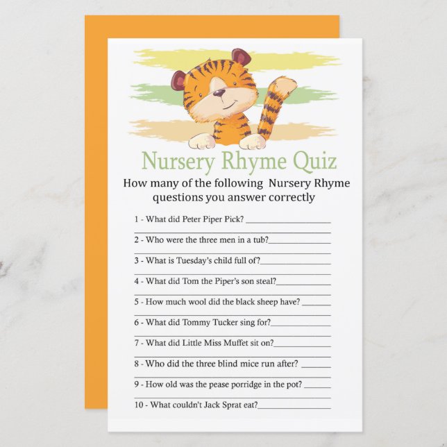 Tiger Nursery Rhyme Quiz baby shower game (Front/Back)