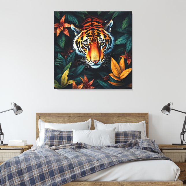 “Tiger of Mine” – Colourful Tiger Portrait Canvas Print (Insitu(Bedroom))