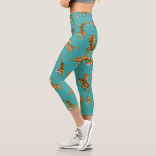 Tiger on Teal Pattern Capri Leggings