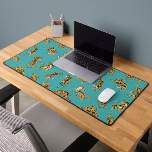 Tiger on Teal Pattern Desk Mat
