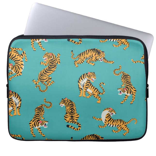 Tiger on Teal Pattern Laptop Sleeve (Front)