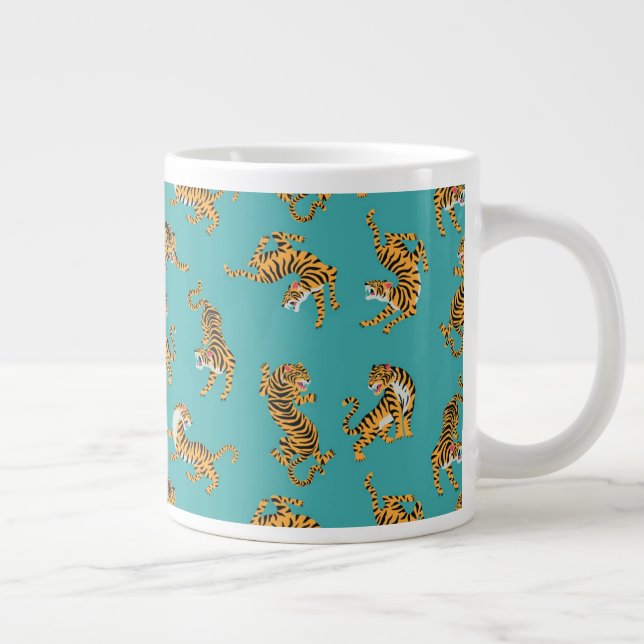 Tiger on Teal Pattern Large Coffee Mug (Right)