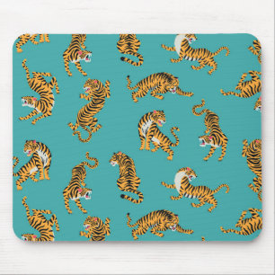 Tiger on Teal Pattern Mouse Pad