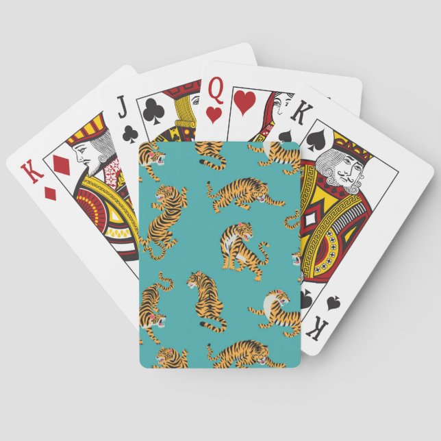 Tiger on Teal Pattern Playing Cards (Back)