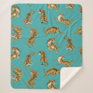 Tiger on Teal Pattern Sherpa Blanket