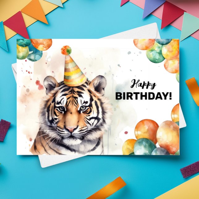 Tiger Party Hat Watercolor Portrait Happy Birthday Card (Creator Uploaded)