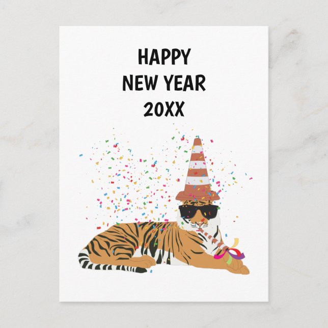 Tiger Partying - Animals Holiday New Years Card (Front)