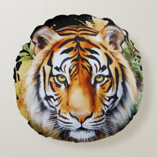 Tiger Pastel Flowers Safari Watercolor Savannah Round Cushion