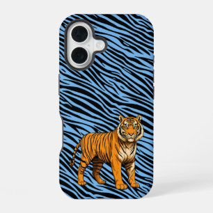 Tiger Pattern in Light Blue with Tiger iPhone 16 Case