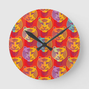 Tiger pattern on red background round clock